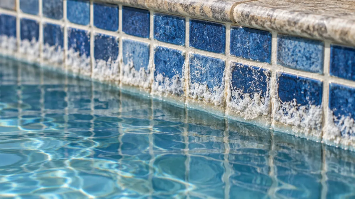 White chalky calcium scale along the waterline of blue mosaic pool tiles