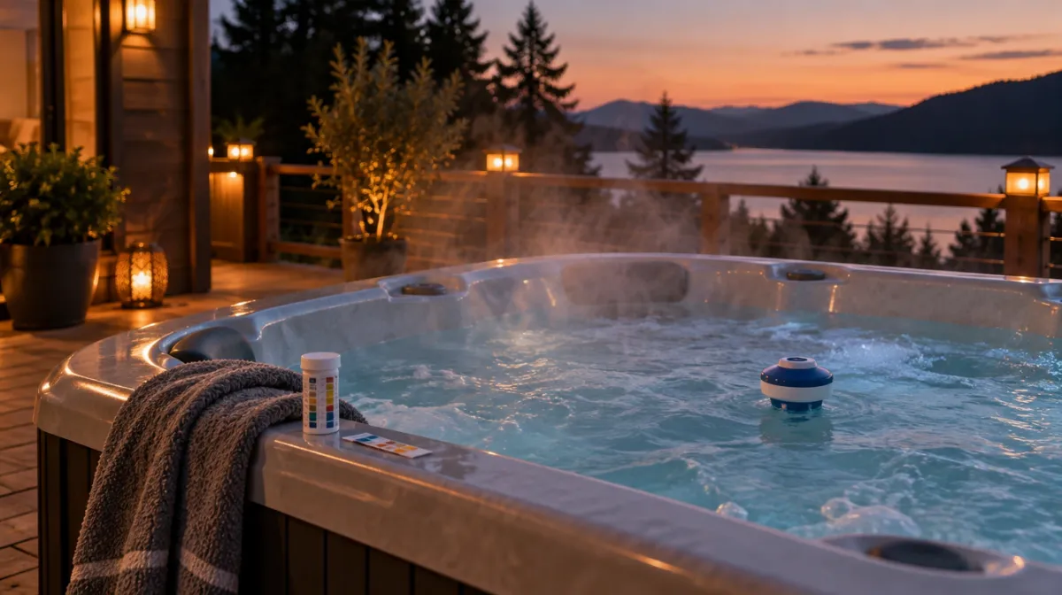 A steaming outdoor hot tub on a wooden deck at dusk with a floating chemical dispenser