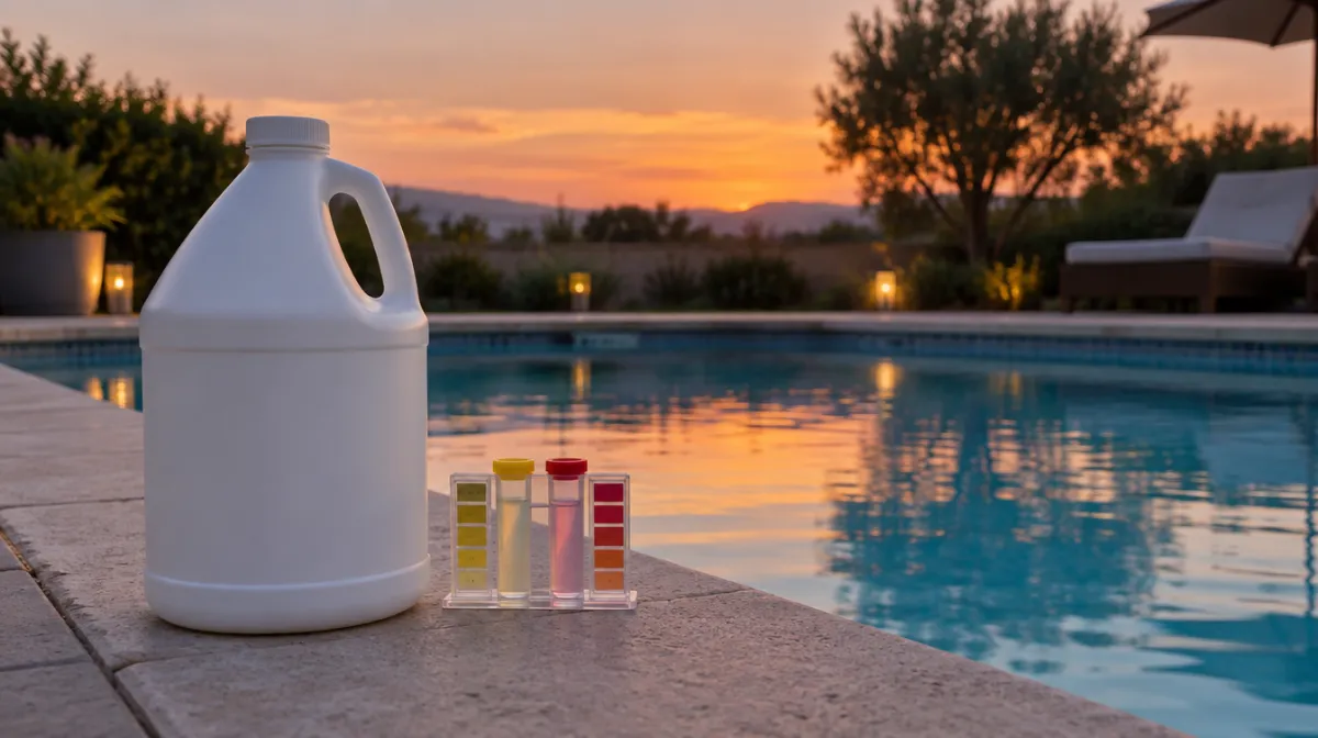 A jug of liquid chlorine and a test kit on the edge of a clean pool