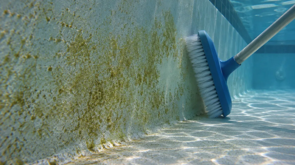 Yellowish dusty patches on the shaded wall of a swimming pool