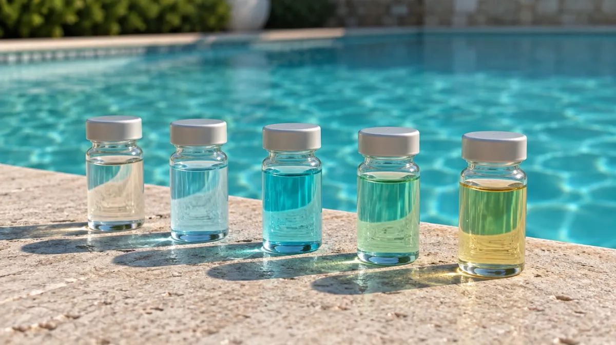 A row of small glass test vials with water of different colors on the stone edge of a turquoise pool