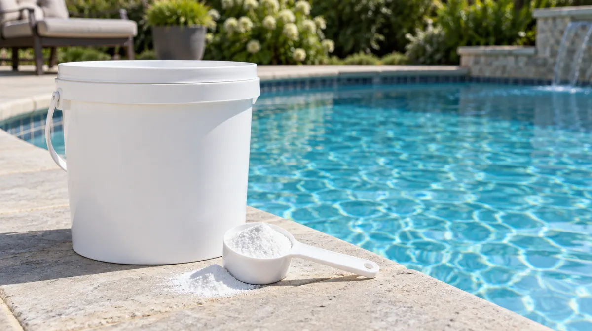A bucket of baking soda beside a sparkling residential swimming pool