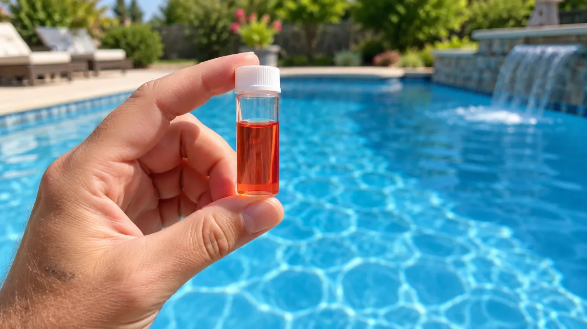A hand holding a pool water test vial with orange-red reagent in front of a bright blue backyard pool