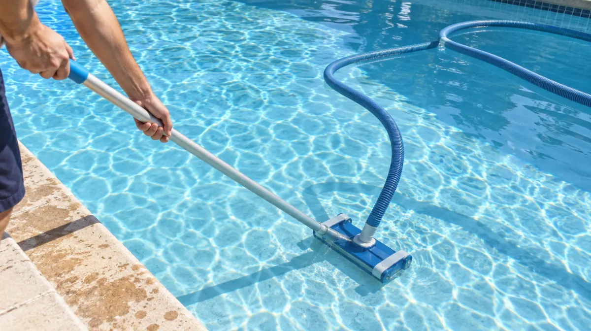Hands guiding a manual pool vacuum head on a long pole across the floor of a clear blue pool