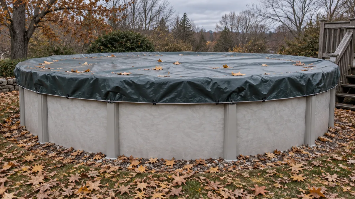 An above-ground pool with a winter cover secured by a cable in autumn