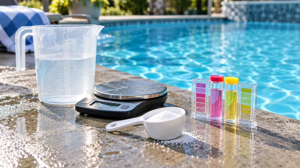 Pool chemicals, a measuring jug, a kitchen scale and test vials on a wet pool deck beside clear blue water