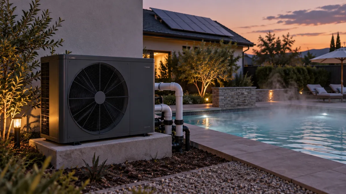 A pool heat pump with a large fan grille on a concrete pad beside a steaming backyard pool at dusk