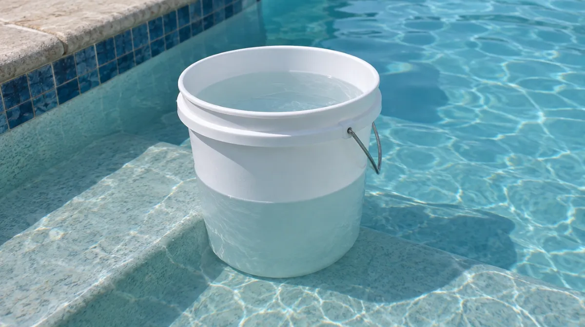 A white bucket full of water sitting on the submerged first step of an in-ground pool