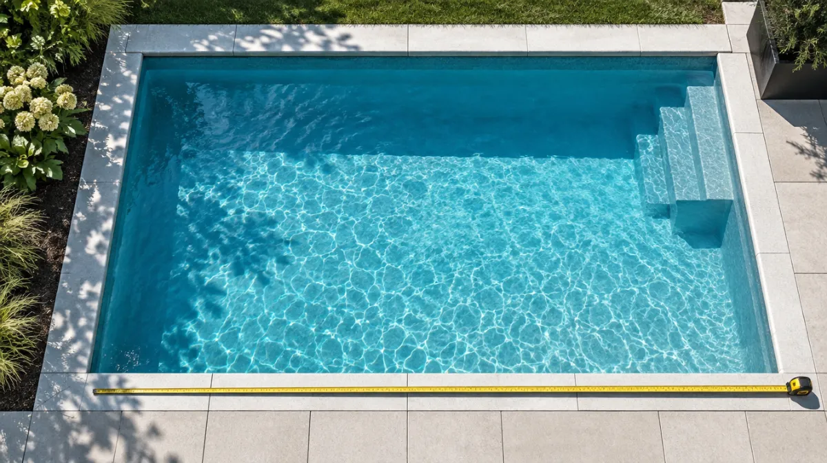 A backyard pool seen from above with a tape measure stretched along its edge