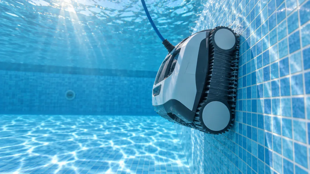 A robotic pool cleaner climbing the wall of a clear blue pool