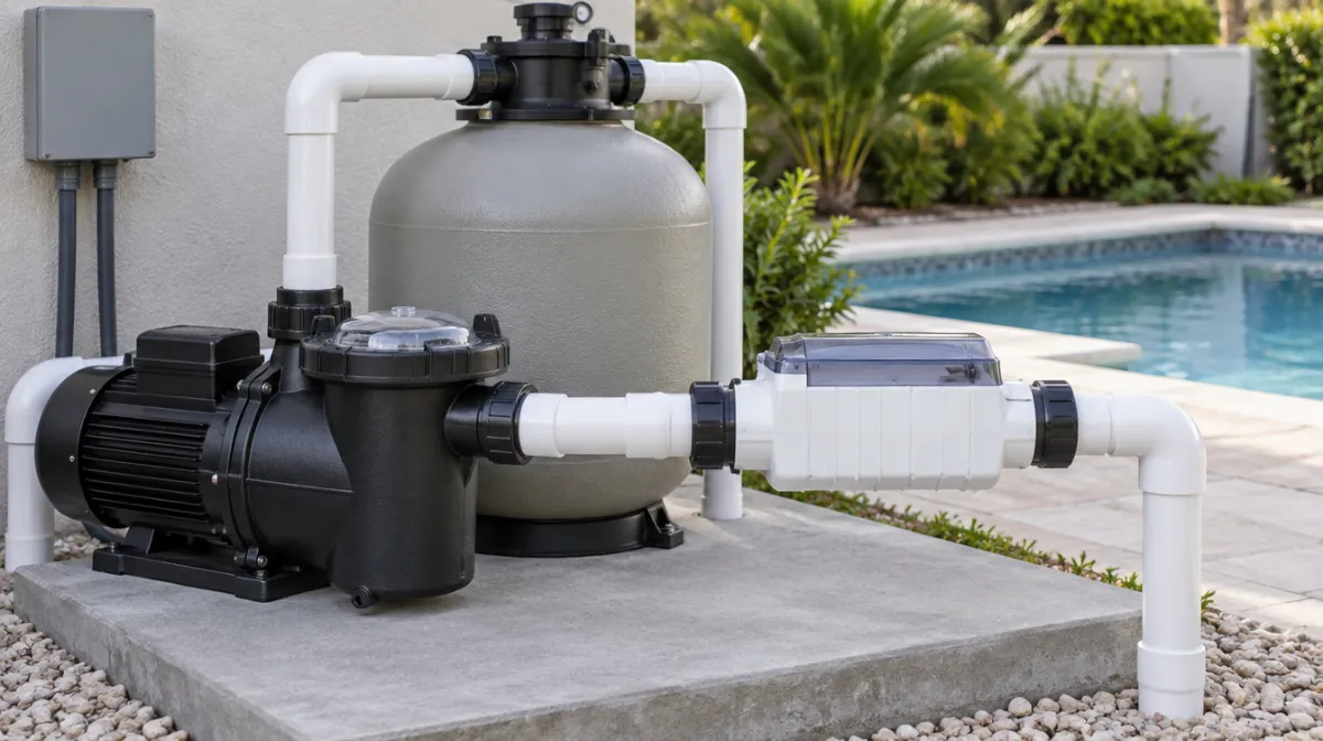 A salt chlorine generator cell plumbed beside a pool pump and filter