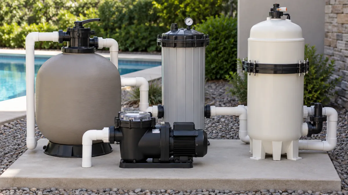 Three types of pool filters, sand, cartridge and DE, beside a pool pump
