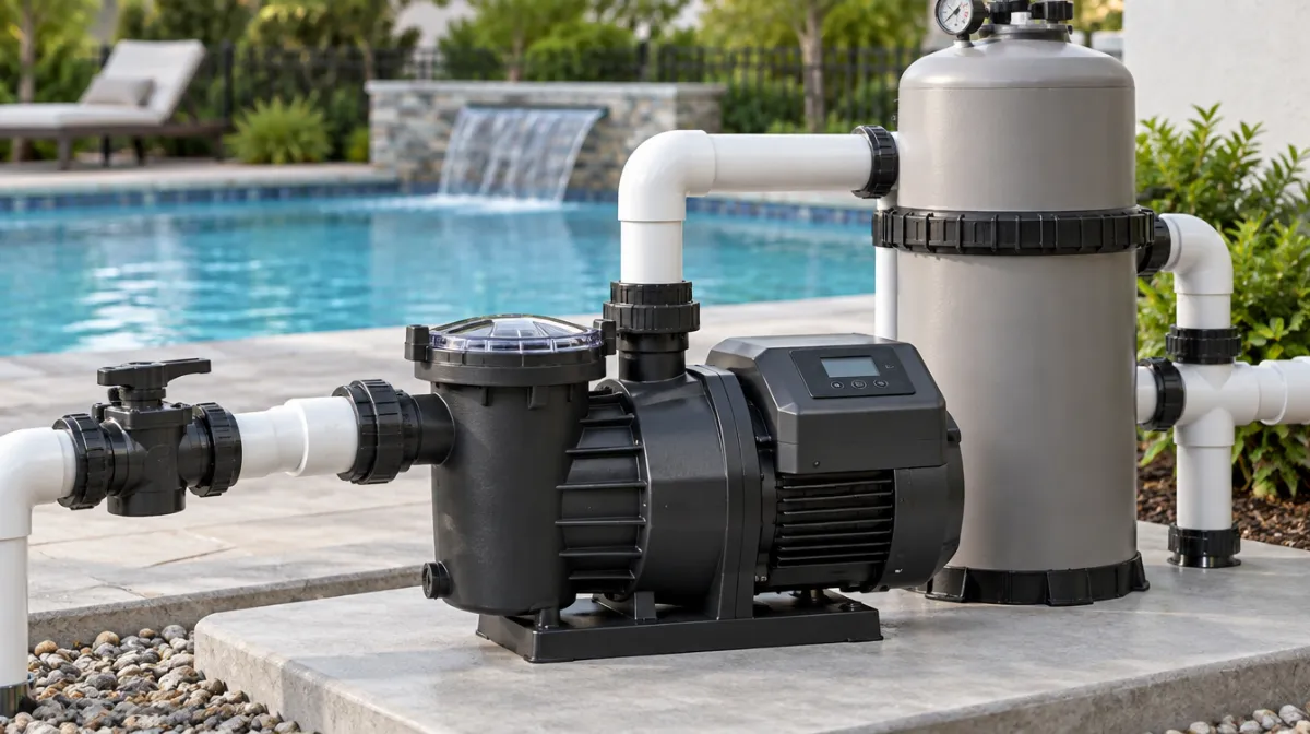 An unbranded variable-speed pool pump with a small control panel beside a cartridge filter and white pipes